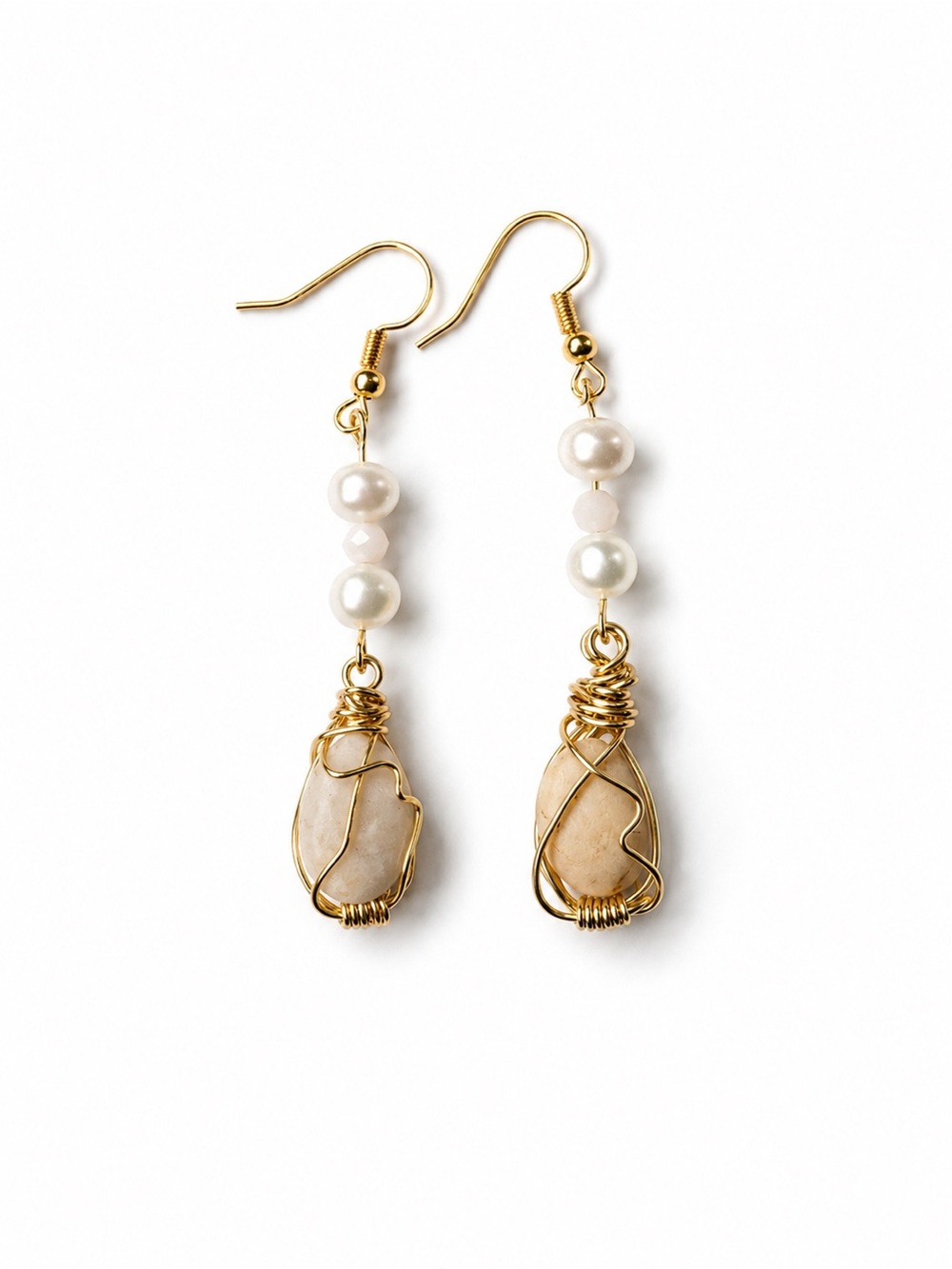 Gold Wire-Wrapped Sand Stone & Pearl Drop Earrings